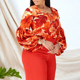 Fongt Large-Size Women's New Fashion Print Strapped With Broad Leg Pants Two-Set Set
