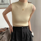 High Collar Sexy Tank Tops Women Sleeveless Knitted Vest Female Elasticity Solid Slim Pullover 2024 Summer Solid Bottoming-Outfit
