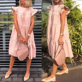 Neck Ruffled Short Sleeve Large Hem A Line Midi