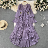 Fongt Sexy Solid Color V-Neck Pleated Flounce Flared Sleeve To The Dress-Outfit