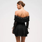 Black Off-Shoulder Lace Sleeve Mini Dress-Outfit