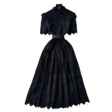 Fongt Lady Dress 2025 Summer Waists Slim Collar Short-Sleeved Hollow Hook Embroidery Single Row Buckle Dress