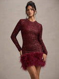 Fongt Women's Dress Sexy Dress Long Sleeve Solid Color Sequin Feather Dress Round Collar Woman 8102