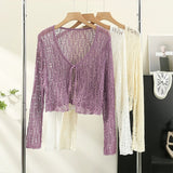 Hollow Out Sweater Shirts Lady Summer Full Sleeve Laced Crocheting Cardigan Thin Short Coats for Slim Woman-Outfit