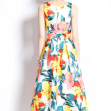 Fongt Retro Round Neckless Position Printing Dress Women's Summer Waist Thin Temperament Waist Swing Vest Skirt