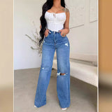 Fongt Stand Hole Denim Trousers Women High-Waisted Loose Straight-Lens Wide-Legged Trousers