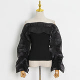 Solid Color White Polyester Ruffle Women's Blouse Slash Neck Top Streetwear Long Sleeves Loose Shirt Female