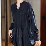 Knitted Patchwork Blouse Spring Autumn Korean Loose Women's Clothing Basic Fake Two Pieces Casual Half Open Collar Shirt-Outfit