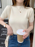 Summer Knitted Thin Sweater Pullovers Korean Half Sleeve Turtleneck Sweater for Women Slim Jumper Tops Office Lady-Outfit