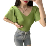 Fongt Small Sexy V-Neck T-Shirt Summer Pink Top Women's Lotus Side Of The Ocean With Thin Collarbones Cover Short