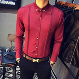 Tuxedo Shirts Pleated Front Solid Mens Dress Shirts Casual Slim Fit Long Sleeve Wedding Evening Blouse Male Black Red