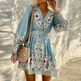 Fongt 949 Spot Fall 2023 New Women's Long Sleeve V-Neck Loose Print Bohemian Dress-Outfit