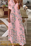Short Sleeve Holiday Dress For Women Vintage Print V Neck Maxi Party Dress Elegant Ladies Loose Long Retro Dress