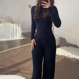 Fongt Summer New Women's Round Neck Solid Color Wide Leg Pants Commuting Leisure Suit Women