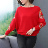 Embroidery Batwing Sleeve O-Neck Spring Sweaters Women Casual Loose Knitted Pullovers Large Size Knitwear Tops