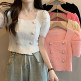 Temperament Button T-Shirt Girl Summer New Korean Hoodie Thin Square Collar Fashion Wear Short-Sleeved