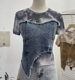 Real Shooting Of The Edge Of The Denim Splicing Tie Dye Mesh Repair Irregular Two Short-Sleeved Top T-Shirt