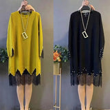 Winter New Fashion Midi Dress Casual Solid Color Lace Patchwork Commute Straight Korean Embroidered Flares O-Neck Dresses-Outfit