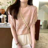 Fongt Version Of Chic Summer Sweet Round Collar Hooded T-Shirt Design Hollow Flowers Thin Knitted Shirt