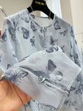 Chinese Style Light National Style Butterfly Printed Round Collar Long-Sleeved Shirt Summer Tulle Sunscreen Blouse Temperament Blouse-Outfit