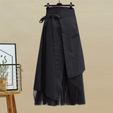 Women Summer Skirts Sets Korean Streetwear Two Piece Sets Ruffles Patchwork Shorts Sleeve Blouse And Irregular Long Skirts