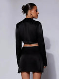 Dress Set Women Outfits Bandage Long Sleeve Crop Top Diamond Mini Skirt Sets White Streetwear Chic Black Two Piece