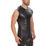 Fongt Matte Leather Vest Premium Soft Lacquered Leather Hooded Sleeveless T-Shirt With No Smell-Outfit