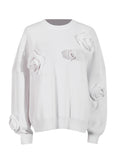 Fongt Casual Women 2025 Autumn New Three-Dimensional Flowers Stitching Design Long-Sleeved Loose Knitting Top