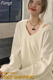 Korean Style Solid Hoodies Women Harajuku Sexy Off Shoulder Sweatshirts V-neck All-match Long Sleeve Tops Gothic