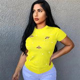Women Yellow Short Sleeve Pearl Beading T-shirt Ladies Casual Tops Butterfly Solid Round Neck Summer Basic T Shirt-Outfit