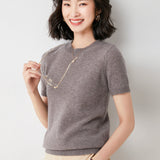 Fongt Female Round Collar Loose T-Shirt Inside Build Sweater Spring Autumn Base Outside Wear Short Sleeve Hair-Outfit