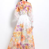 Fongt Lady Print Set Of Women's Holiday Style Collar Lantern Sleeves Thin Shirt High Waist Large Swing Long Skirt