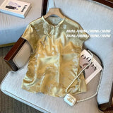 Chinese Style Retro Jacquard Satin Shirt Women's Summer 2024 New Casual Foreign Style Short-Sleeved Blouse-Outfit