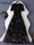 Women Butterfly Embroidery Lace Patchwork Summer Dresses Office Ladies Elegant Short Sleeve High Waist A-line