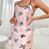 Fongt Fashion Lady Ice Silk Slip Dress Soft Skin-Friendly Home Pajamas Butterfly Print Spot-Outfit