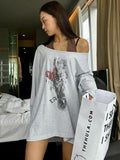 Fongt Greek Print Fake Two Collar Bump Color Loose Long-Sleeved T-Shirt Sexy Side-Shoulder Hop Casual Blouse