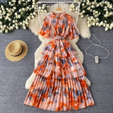 Fongt Retro Tea Faint Dyed Print Dress Women Waist Horn Sleeves Thin Temperament Lotus Leaf Side Chiffon Long Dress