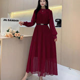 Fongt 2025 New Sweet Bow Heavy Industry Waist Display Thin Folding Solid Color Chiffon Long Sleeve Dress