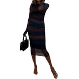 Fongt 2023 New Fashion Print Silk Net Round Collar Long-Sleeve Slim Dress-Outfit
