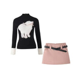Winter Japanese Style Print Knitted Sweater + Pink Slim Mini Skirt Casual Kawaii 2 Piece Set Cute Fashion Clothing Woman-Outfit