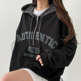 Vintage Letter Print Zipper Oversized Hoodie-Outfit
