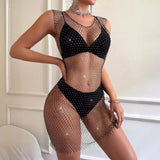 Fongt Sexy Fishnet Flash Diamond Hollow Bright Diamond Dress Fashion Trend V Neck Skirt