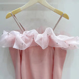 Neck T Shirts Girls Patched Beading Ruffles Stretch Tshirt Top Women Spring Summer Slim Tees-Outfit