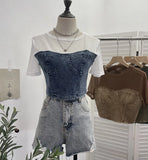 Real Shooting 2024 Summer Denim Splicing Mesh Yarn Short-Sleeved T-Shirt Design Fake Two Hot Girl Short Top