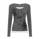 Fongt Homologous Retro Butterfly Print Color And Fake Two T-Shirts And Hot Girls Thin Knitted Tops