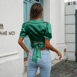 New Satin Imitation Silk Bubble Sleeves Ultra-Short Blouse Doll Collar Short-Sleeved Shirt Women's Stock-Outfit