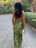 Green Sequin Backless Sling Maxi Dress-Outfit