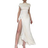 Fongt Knitted Round Collar Sexy Open Fork Dress Woman 2025 Summer New Stylish Black