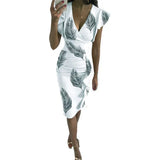 Fongt New Multi-Color Printing Dress V Collar Lotus Edges Sexy High-Waisted