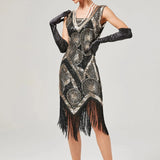 Sequin Beaded Art Deco Flapper Dresses 20s Great Gatsby Party Fringe Dress V-Neck Sleeveless Embroidery Midi Dress-Outfit